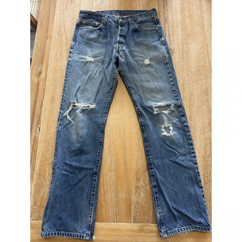 Levis 501 Original Fit Jean Mens 34x34 Thrash Distressed Shred Blue Y2K (32x33)